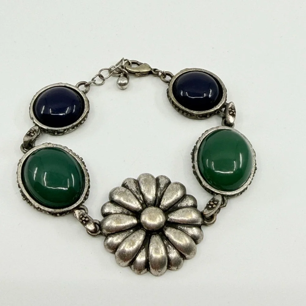 Vintage Boho Flower Bracelet Green Navy Cabochon Silver Tone